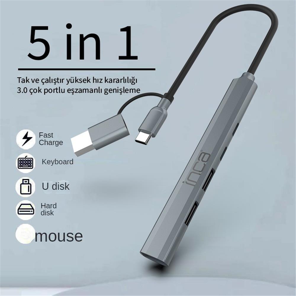 Inca IUTP-06TX 5in1 USB 3.0 + 2xUSB 2.0+Type-C+PD DÖNÜŞTÜRÜCÜ ADAPTÖR