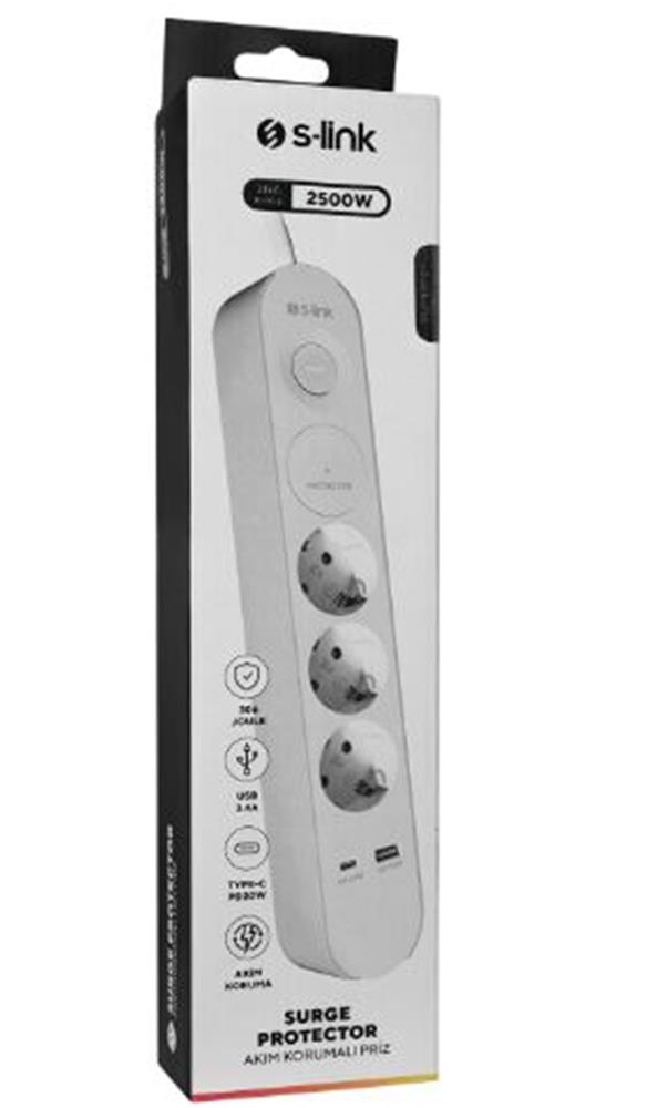 S-link SPG3-PD20 PD20W H05VV-F 3G1.0 mm, 1.5m 3 lü 306 J Akım Korumalı Beyaz + Gri Priz