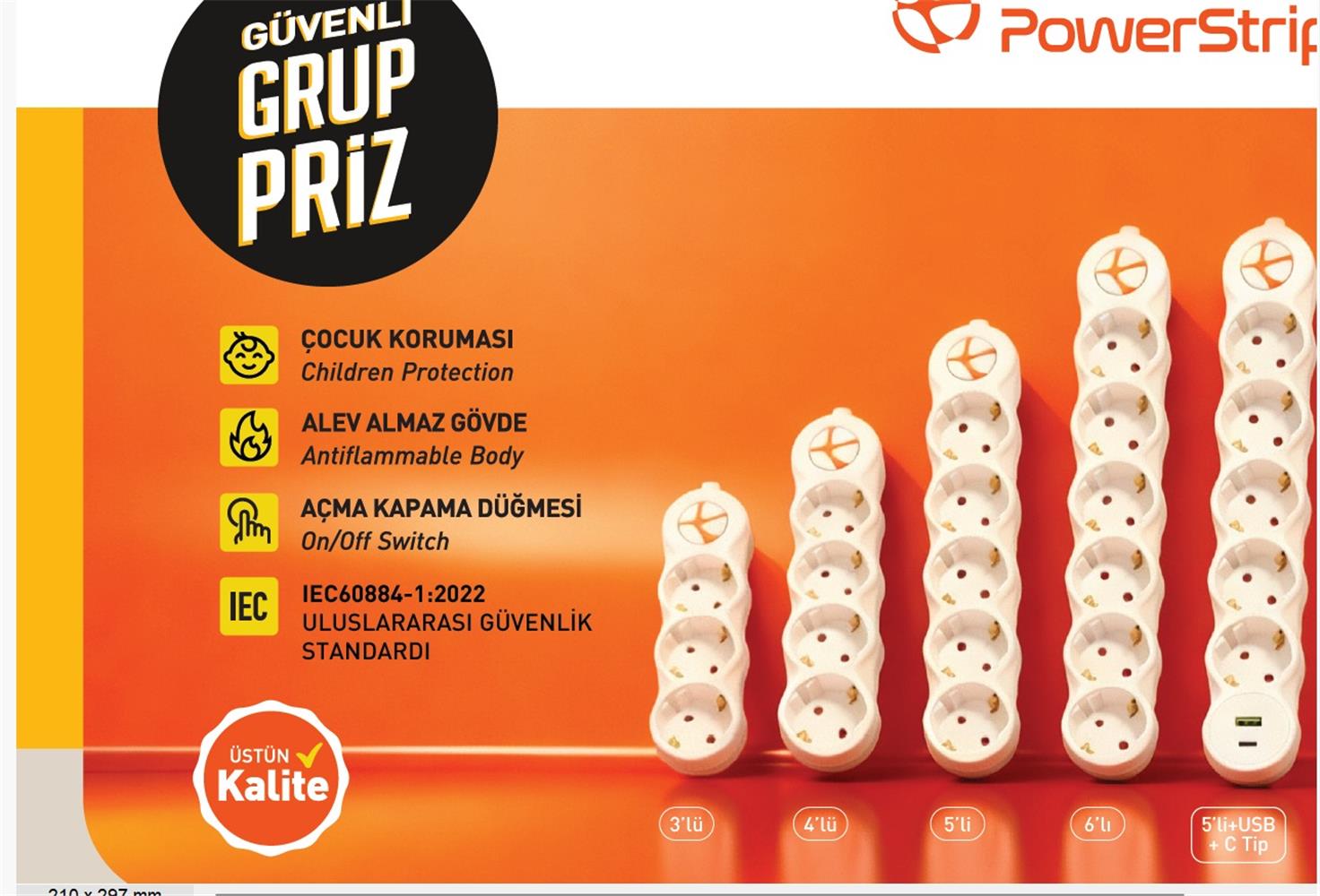 TUNCMATIK POWERSTRIP6 TSK19063 3m IEC 66884-1: 2022 Standartı, FR(Alev Almaz)anahtarlı grup priz